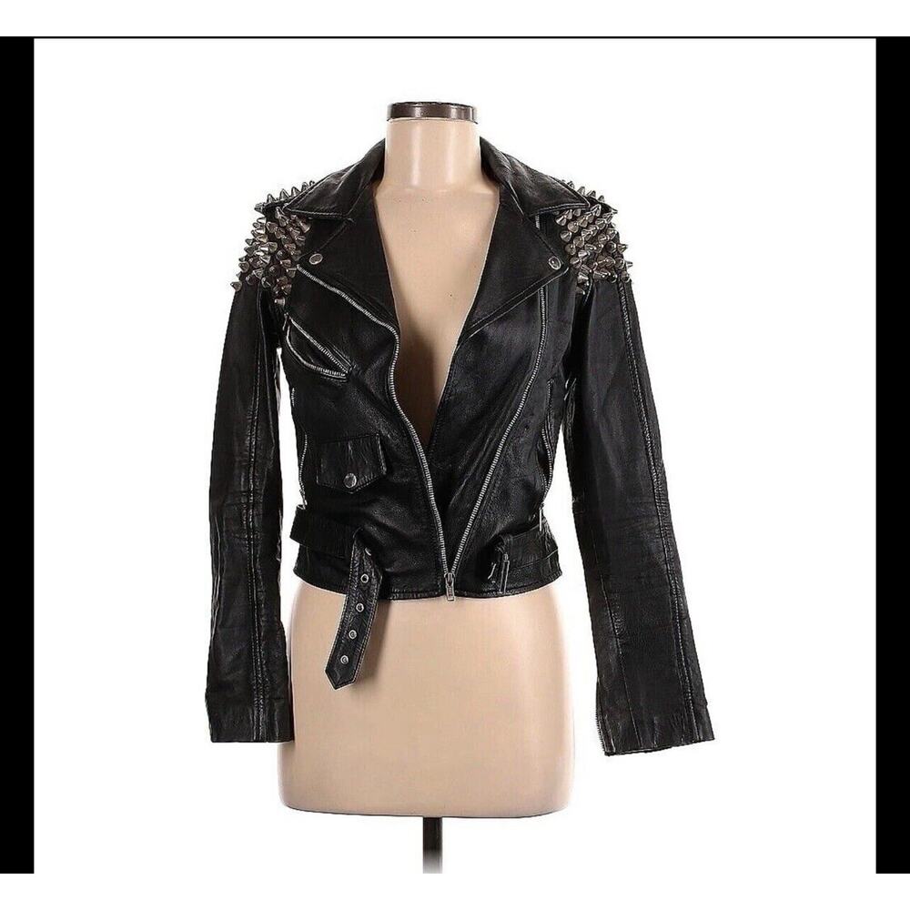 Ragged priest moto biker leather studded Jacket Black Belt Silver Zipper 8